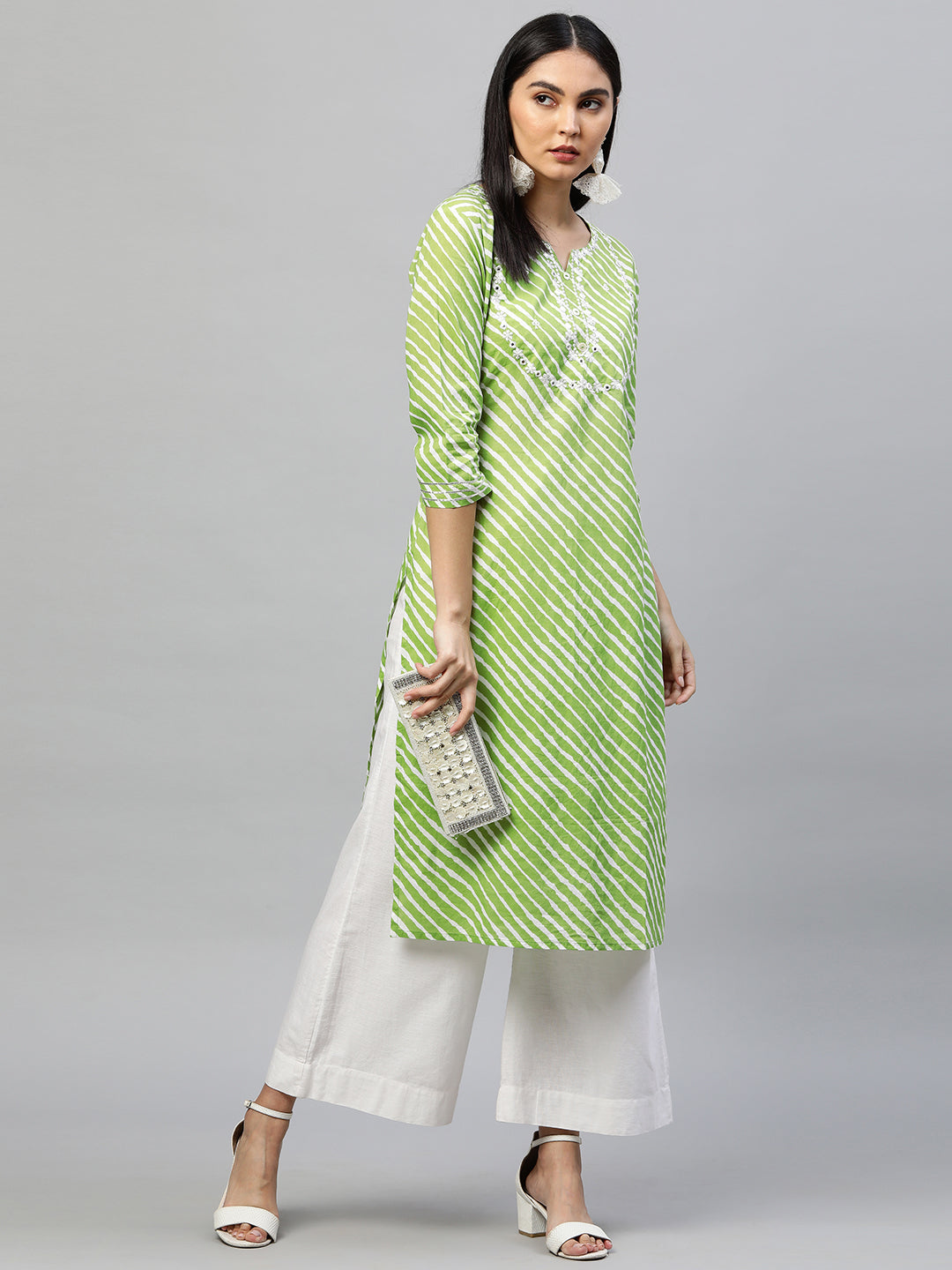 Leheriya Printed & Embroidered Straight Kurta - Green