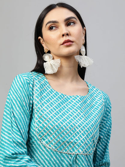 Leheriya Printed & Gota Embroidered Kurta with 2-Ply Mask - Turquoise
