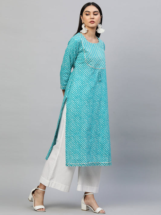 Leheriya Printed & Gota Embroidered Kurta with 2-Ply Mask - Turquoise