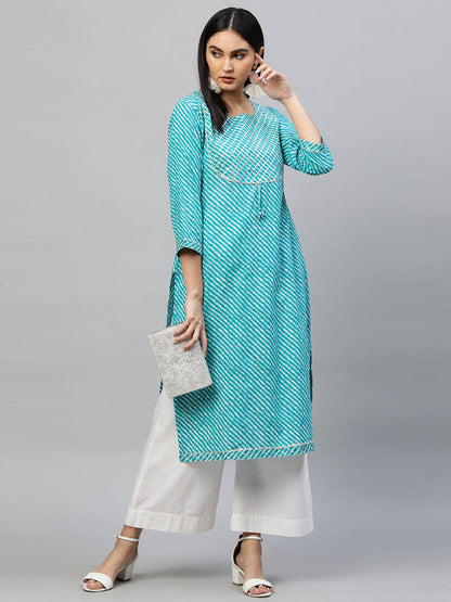 Leheriya Printed & Gota Embroidered Kurta with 2-Ply Mask - Turquoise