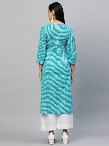 Leheriya Printed & Gota Embroidered Kurta with 2-Ply Mask - Turquoise
