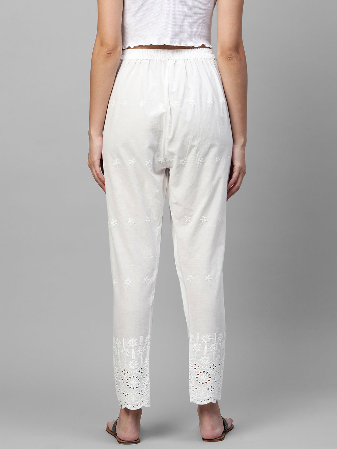 Floral & Cut work Embroidered Ankle Pant - White