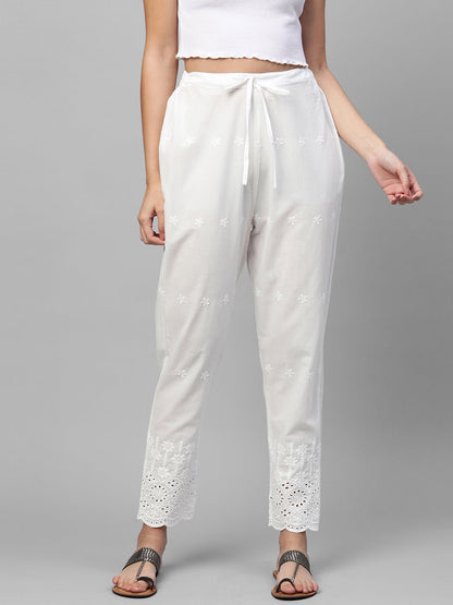 Floral & Cut work Embroidered Ankle Pant - White