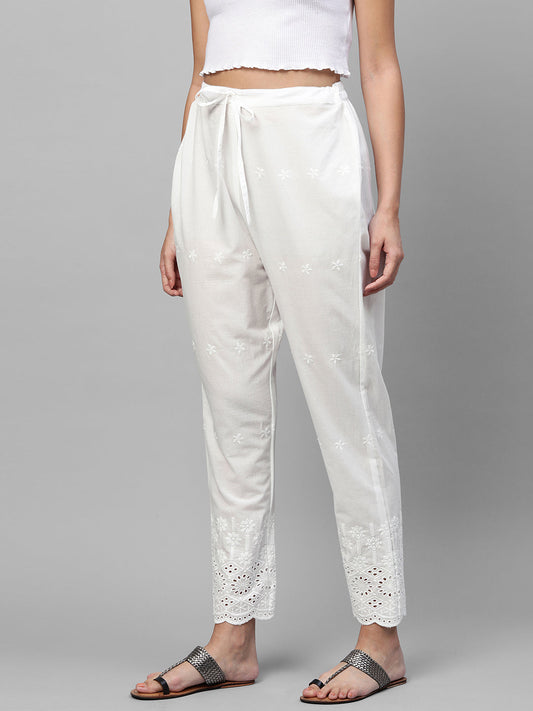 Floral & Cut work Embroidered Ankle Pant - White