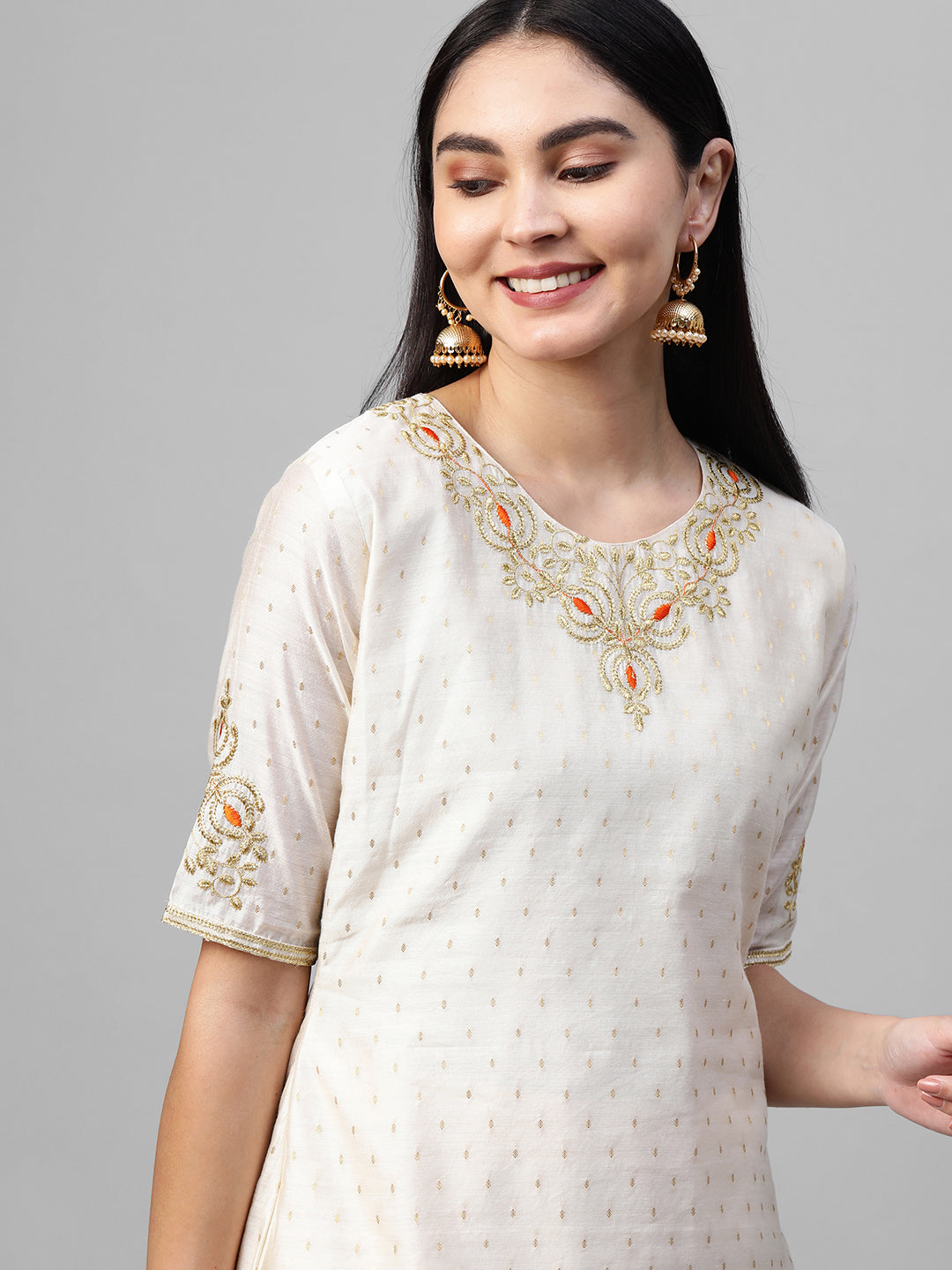 Festive Zari Embroidered & Woven Kurta & Bandhani Printed Dupatta - Off White