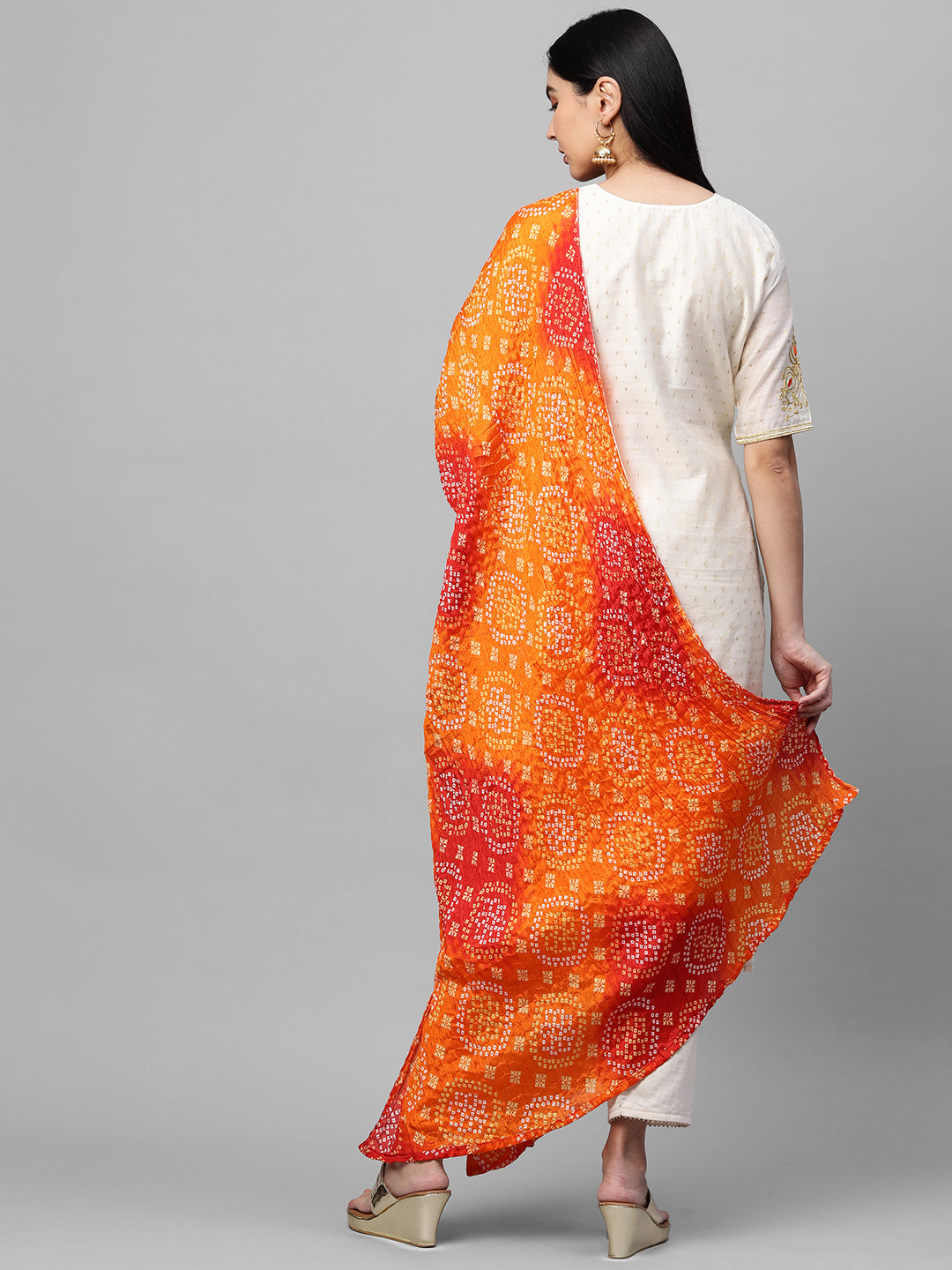 Festive Zari Embroidered & Woven Kurta & Bandhani Printed Dupatta - Off White