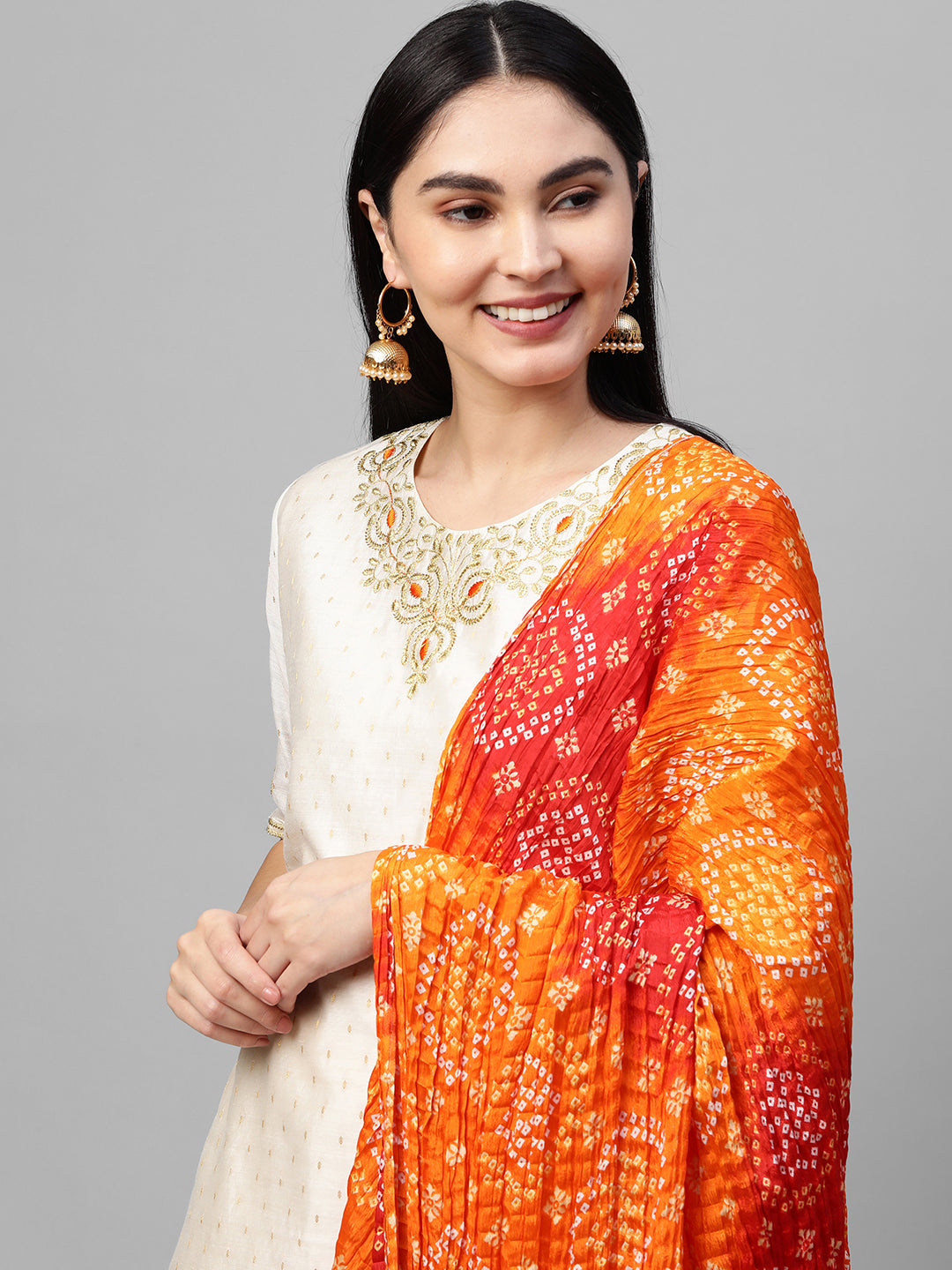 Festive Zari Embroidered & Woven Kurta & Bandhani Printed Dupatta - Off White