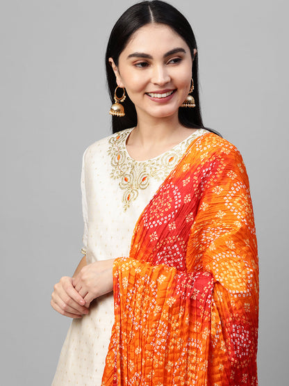 Festive Zari Embroidered & Woven Kurta & Bandhani Printed Dupatta - Off White