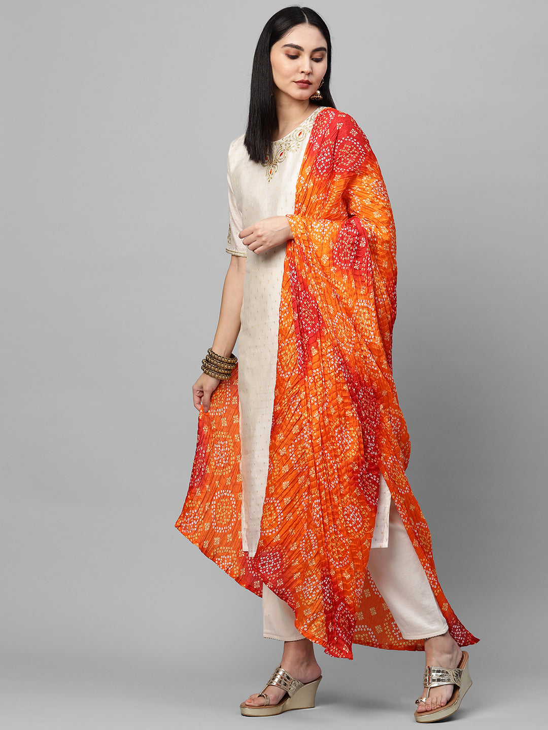 Festive Zari Embroidered & Woven Kurta & Bandhani Printed Dupatta - Off White
