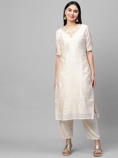Festive Zari Embroidered & Woven Kurta & Bandhani Printed Dupatta - Off White