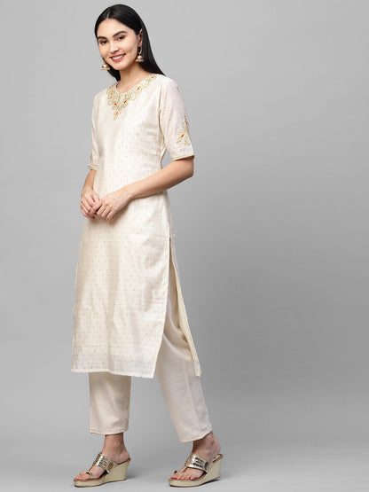 Festive Zari Embroidered & Woven Kurta & Bandhani Printed Dupatta - Off White