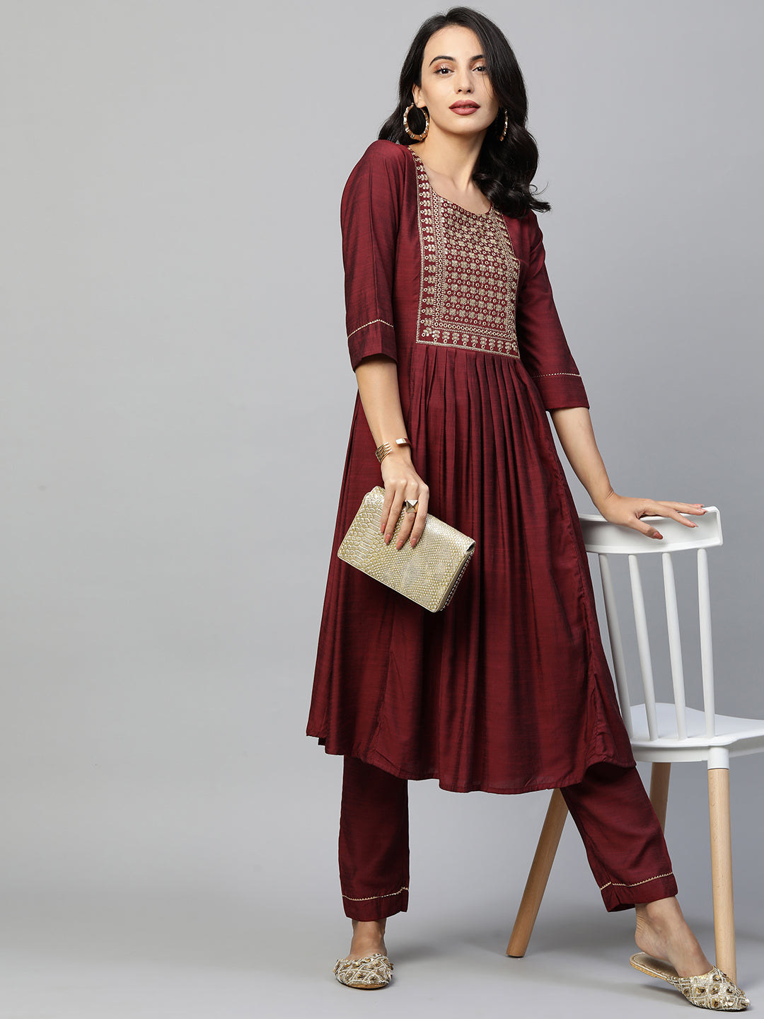Zari Embroidered Pleated Flare Kurta & Solid Pant - Maroon