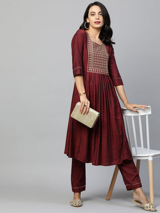 Zari Embroidered Pleated Flare Kurta & Solid Pant - Maroon