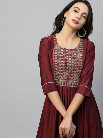 Zari Embroidered Pleated Flare Kurta & Solid Pant - Maroon
