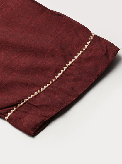 Zari Embroidered Pleated Flare Kurta & Solid Pant - Maroon
