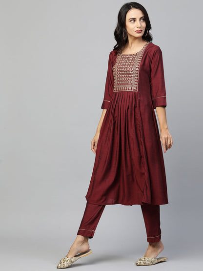 Zari Embroidered Pleated Flare Kurta & Solid Pant - Maroon