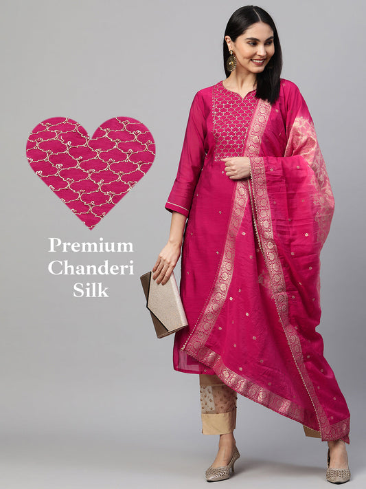 Festive Zari Embroidered Kurta with Banarasi Dupatta - Rani Pink