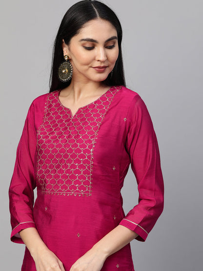 Festive Zari Embroidered Kurta with Banarasi Dupatta - Rani Pink