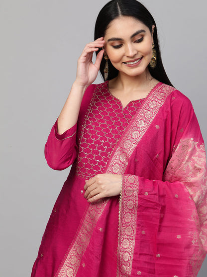 Festive Zari Embroidered Kurta with Banarasi Dupatta - Rani Pink