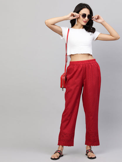 Woven Textured & Embroidered Straight Pant - Red
