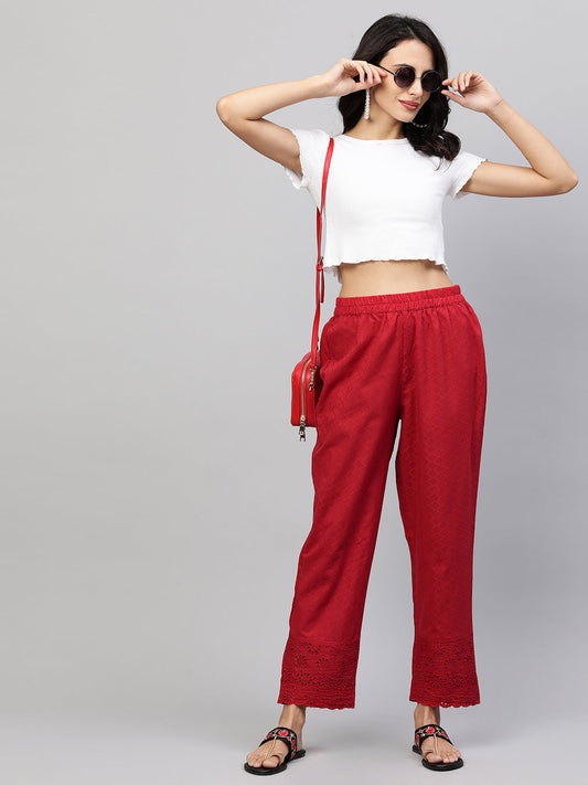 Woven Textured & Embroidered Straight Pant - Red