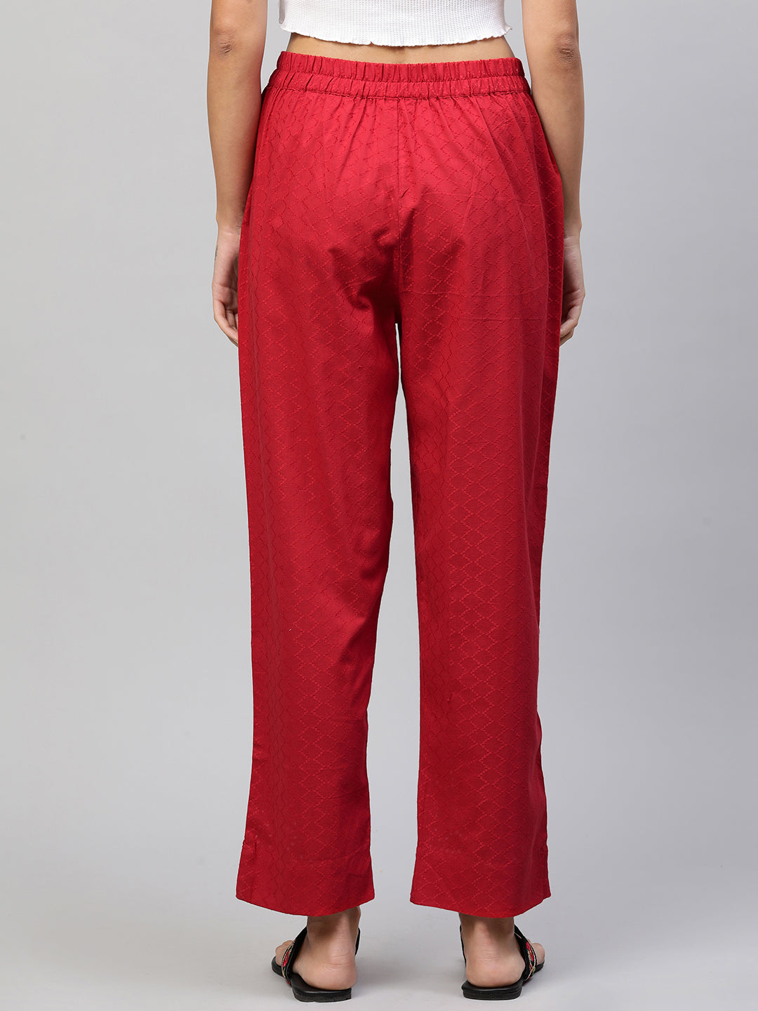 Woven Textured & Embroidered Straight Pant - Red