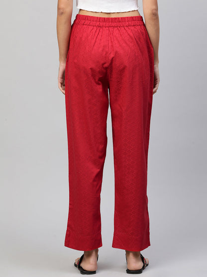 Woven Textured & Embroidered Straight Pant - Red