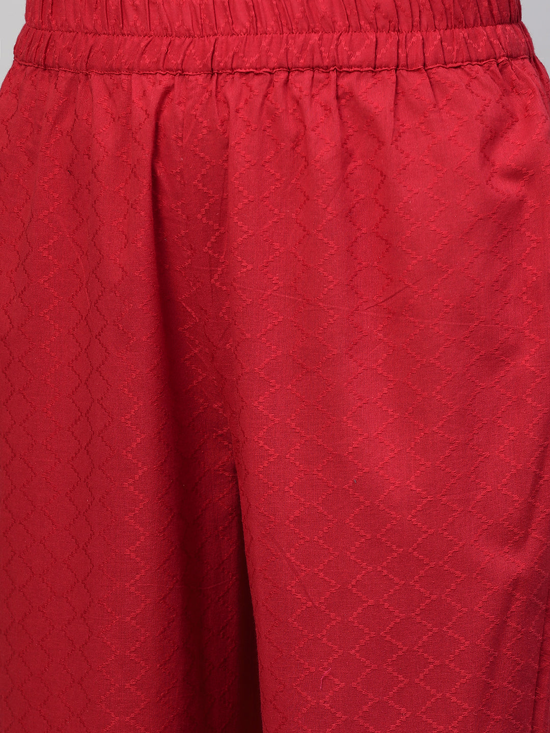 Woven Textured & Embroidered Straight Pant - Red