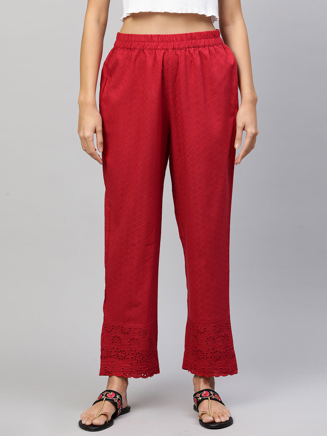 Woven Textured & Embroidered Straight Pant - Red