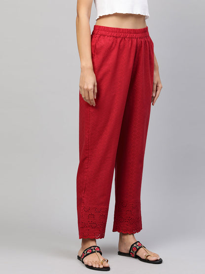 Woven Textured & Embroidered Straight Pant - Red