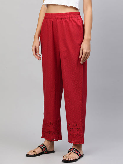 Woven Textured & Embroidered Straight Pant - Red