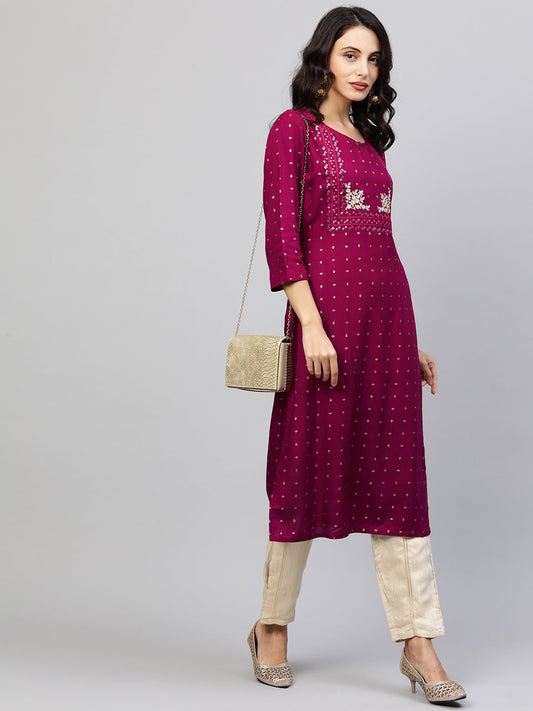 Foil Printed & Zari Embroidered Straight Kurta - Wine
