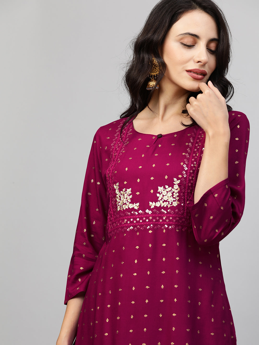 Foil Printed & Zari Embroidered Straight Kurta - Wine