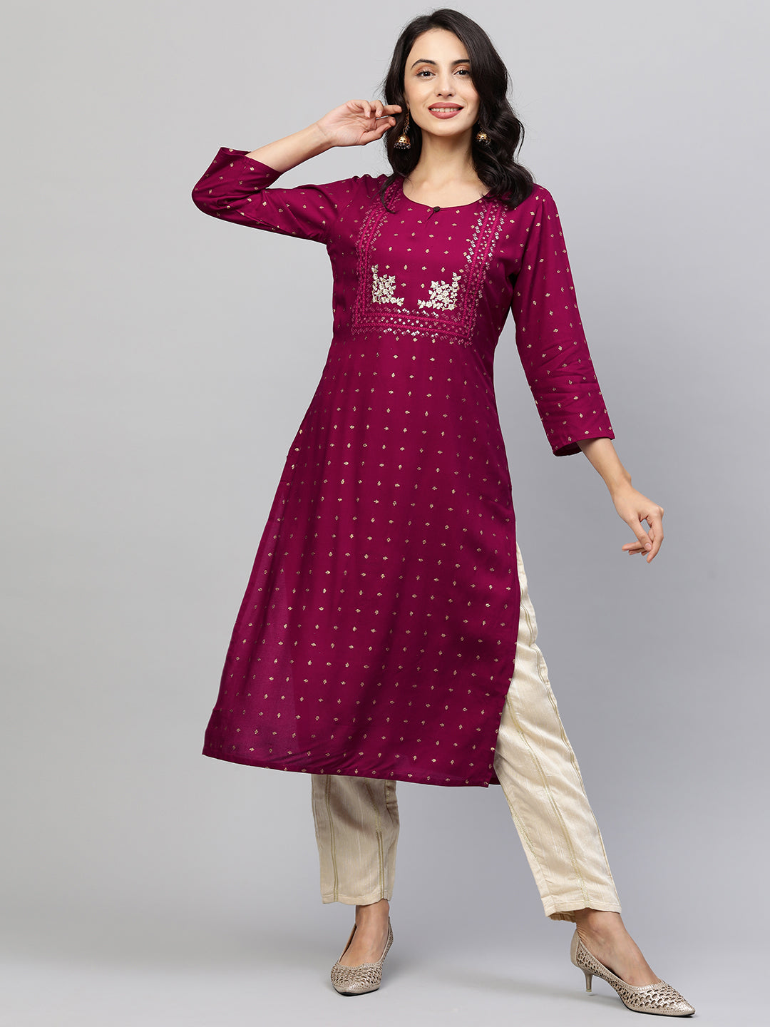 Foil Printed & Zari Embroidered Straight Kurta - Wine