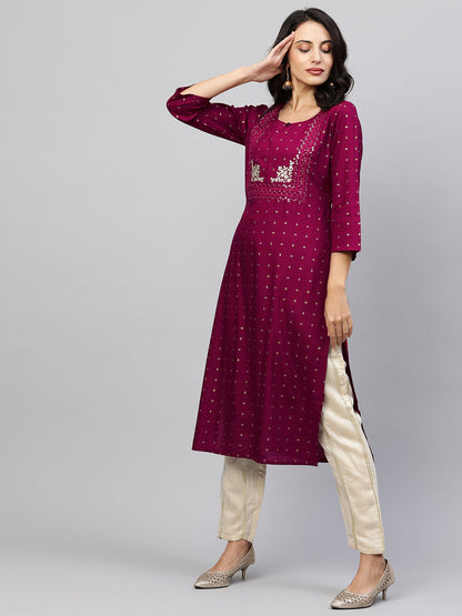 Foil Printed & Zari Embroidered Straight Kurta - Wine