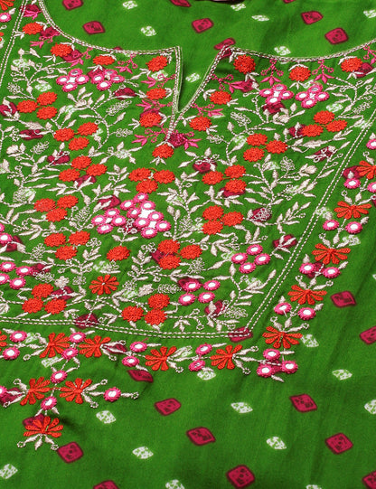 Bandhani & Floral Embroidered Straight Kurta - Green