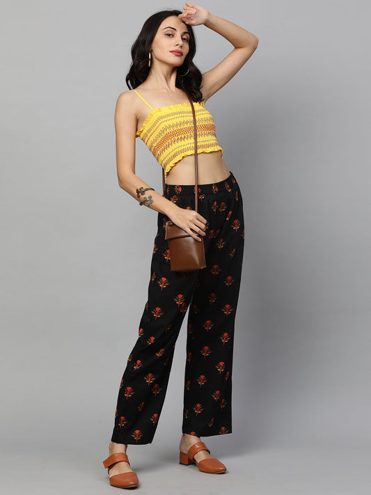 Ethnic Floral Printed Straight Pant - Black