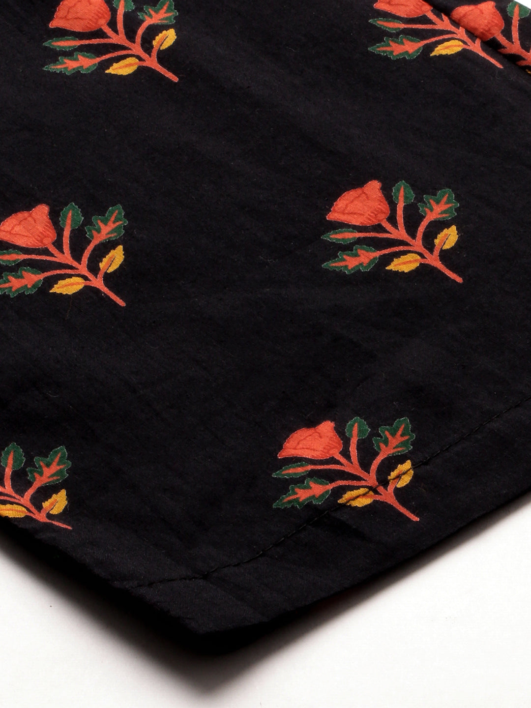 Ethnic Floral Printed Straight Pant - Black