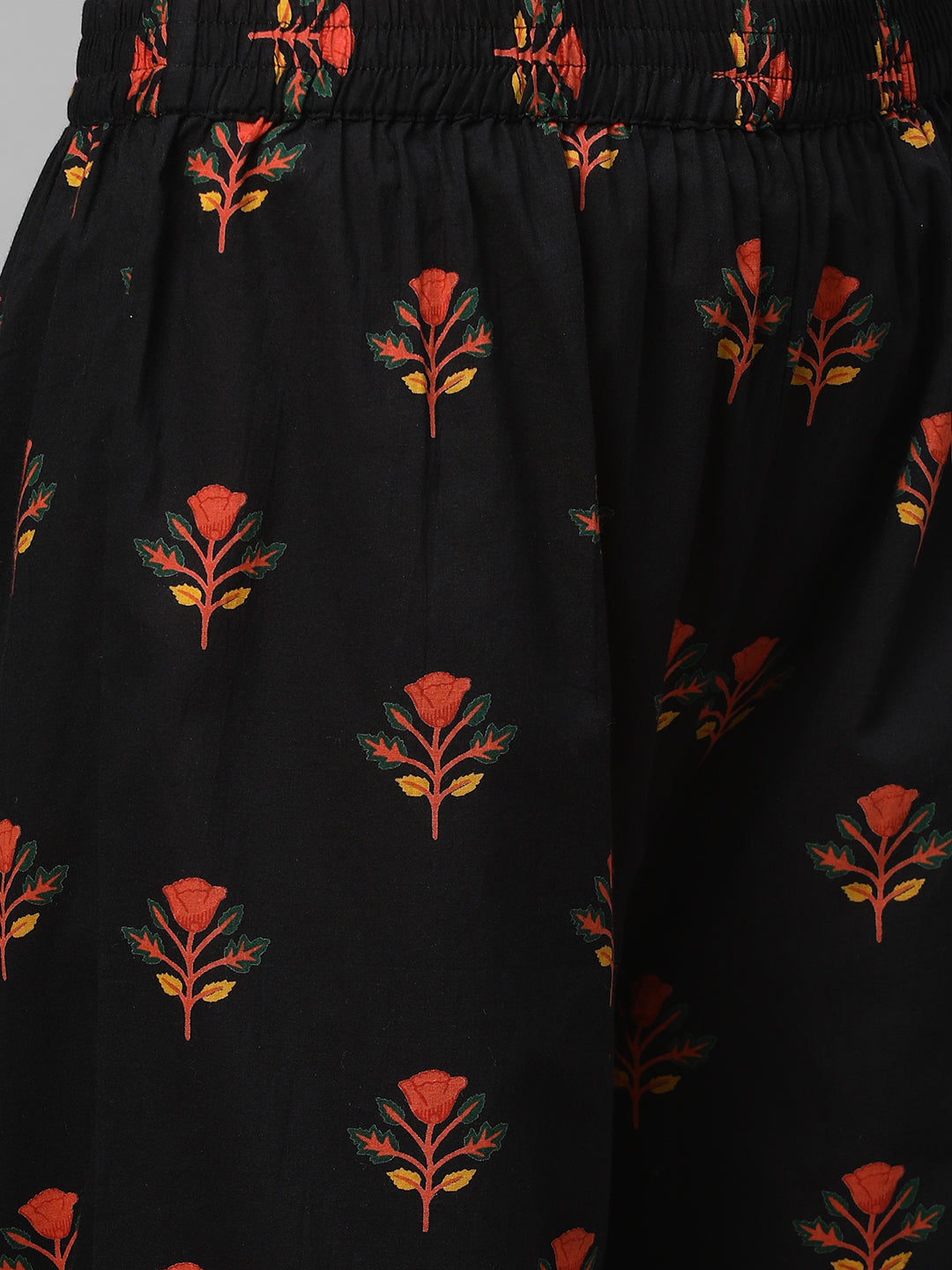 Ethnic Floral Printed Straight Pant - Black