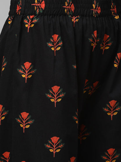 Ethnic Floral Printed Straight Pant - Black