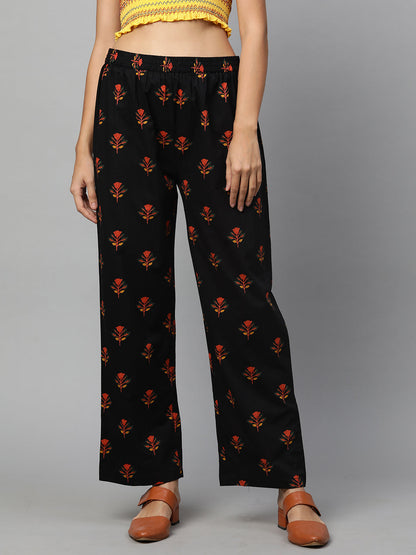 Ethnic Floral Printed Straight Pant - Black