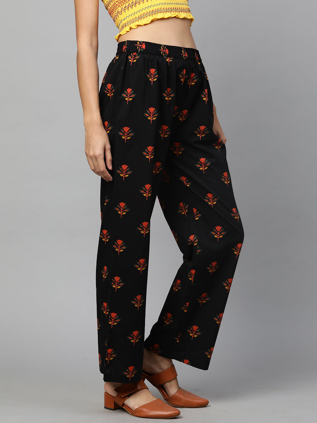 Ethnic Floral Printed Straight Pant - Black