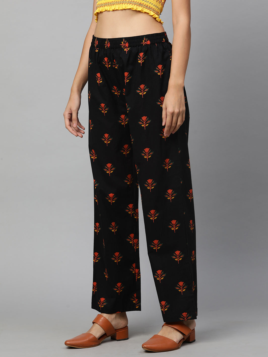 Ethnic Floral Printed Straight Pant - Black