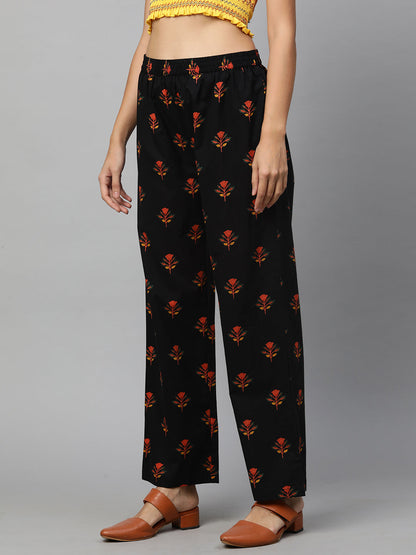 Ethnic Floral Printed Straight Pant - Black