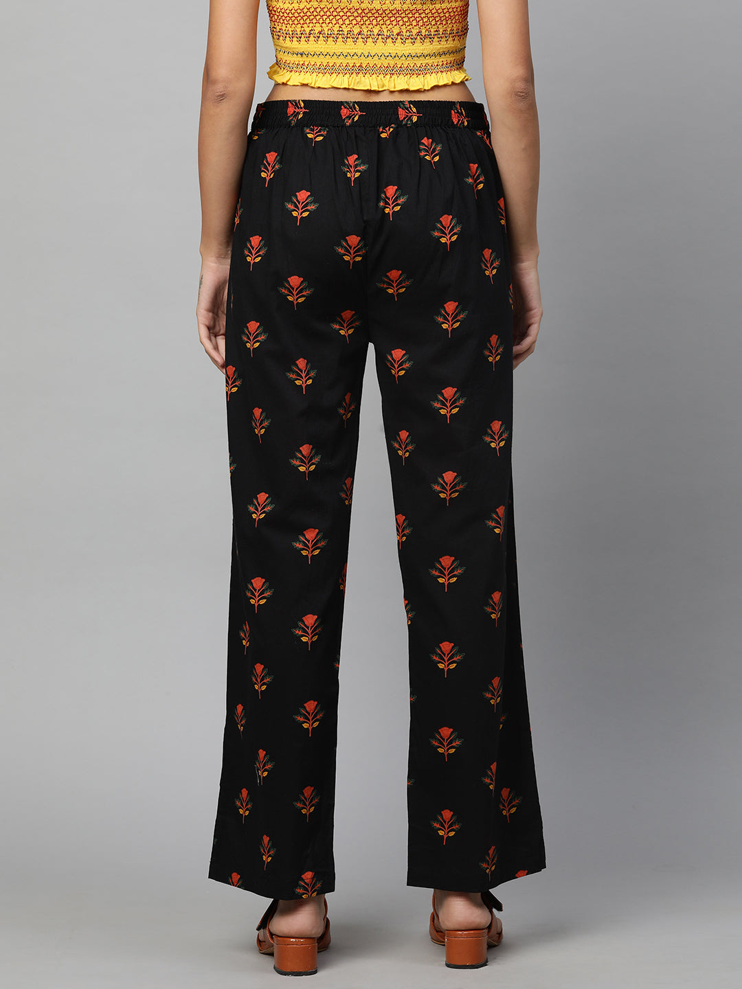 Ethnic Floral Printed Straight Pant - Black