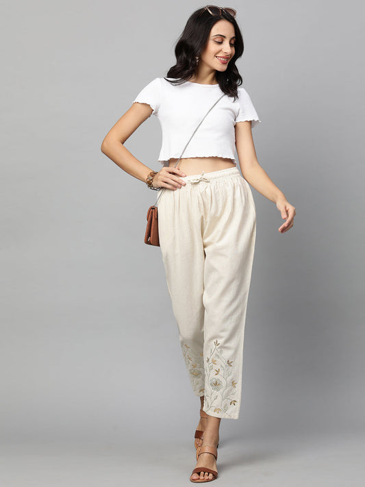 Gota Embroidered Ankle Pant - Off White
