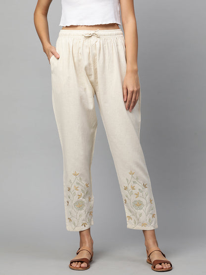 Gota Embroidered Ankle Pant - Off White