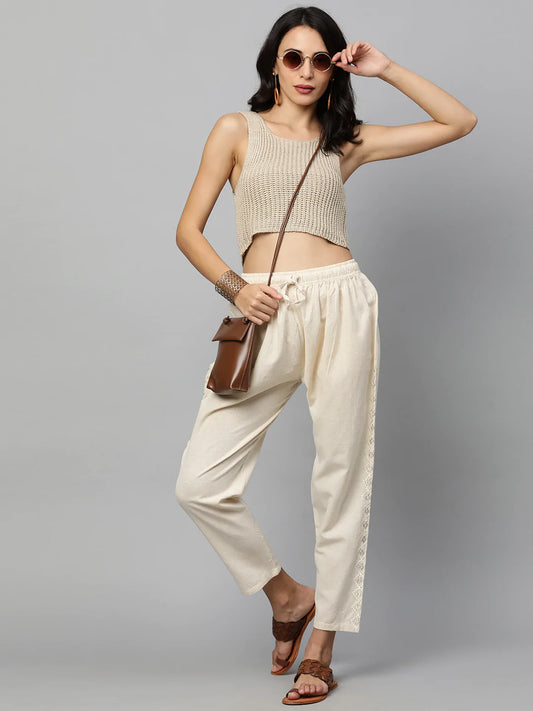 Zari & Thread Embroidered Ankle Pant - Off White
