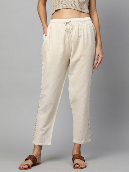 Zari & Thread Embroidered Ankle Pant - Off White