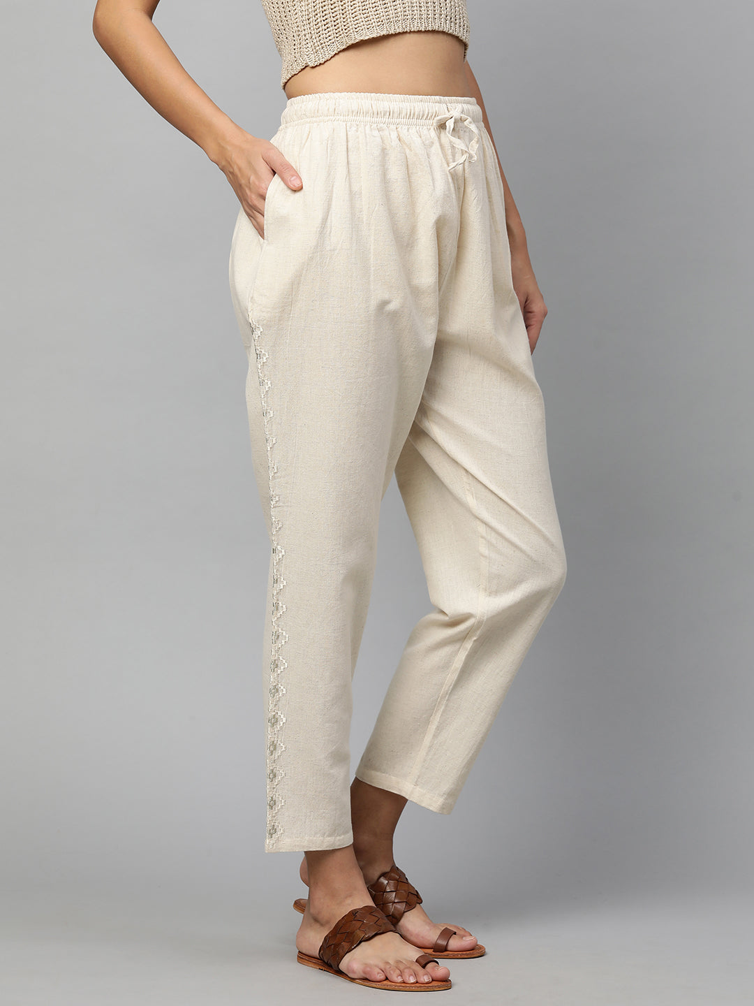 Zari & Thread Embroidered Ankle Pant - Off White